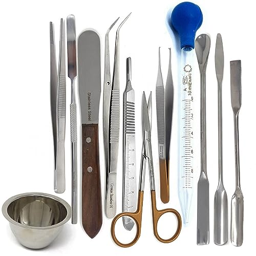 A2Z Scilab 12 Pcs Lab Micro Spatula Spoon Tweezers Sampler Instrument Kit, Stainless Steel - Multi Purpose Laboratory Sampling Set with Mixing Bowl & Pipette - Basic Medical Dental Science Lab Kit