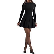 Womens Long Sleeve Boat Neck Bodycon Mini Dress Pleated Fit and Flare Simple Y2K Prom Dress