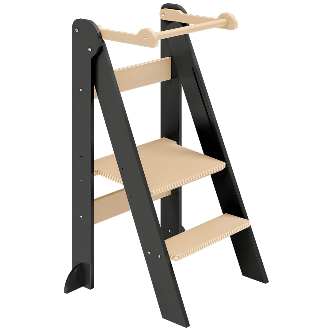Bellabino Tay Lernturm ab 1 Jahr – Learning Tower 2-Fach höhenverstellbar & klappbar – Lernstuhl in Grau/Natur für Kinder – Montessori Stehturm aus Birkenholz – sicherer Tritthocker mit Kippschutz