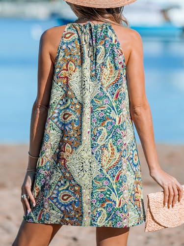 Image of CUPSHE Women Halter Summer Dress Back Self Tie Sun Dress Casual Holiday Vacation Beach Paisley Boho Short Mini Dress