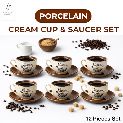 Image of Hitkari Porcelain Cup Saucer Set of 6 for Tea 220 Ml 6 Cups & 6 Saucers | 12 Piece Tea Coffee Set | Elegant Glossy Finish Teaware Microwave & Dishwasher Safe Colors CS3 - Cream