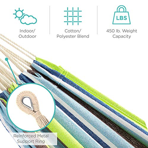 Best Choice Products 2-Person Double Hammock With Stand Set, Indoor Outdoor Brazilian-Style Cotton Bed For Backyard, Camping, Patio W/ Carrying Bag, Steel Stand, 450Lb Weight Capacity - Blue/Green Stripes #TOP4
