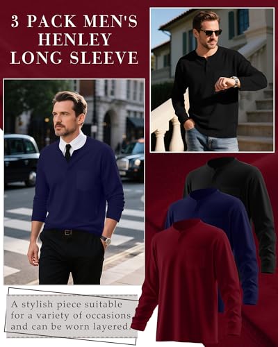 Neer 3 Pack Men's Big and Tall Henley T-Shirts L-5xl, Long Sleeve Cotton Pocket Oversized Tops Casual Soft Loose Basic Tees4