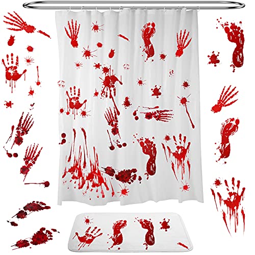 Set de 10 Piezas Decoraciones de DIY de Halloween Incluye Cortina de Ducha Blanca Alfombra de Puerta Blanca y 8 Hojas Pegatinas de Pared con Huella de Mano Pie Sangrienta de Halloween