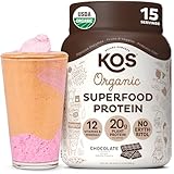 KOS Plant Based Protein Powder, Chocolate USDA Organic - Low Carb Pea Protein Blend, Vegan Superfood with Vitamins & Minerals - Keto, Soy, Dairy Free - Meal Replacement for Women & Men - 15 Servings