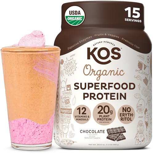 KOS Plant Based Protein Powder Chocolate USDA Organic - Low Carb Pea Protein Blend Vegan Superfood with Vitamins & Minerals - Keto Soy Dairy Free - Meal Replacement for Women & Men - 15 Servings