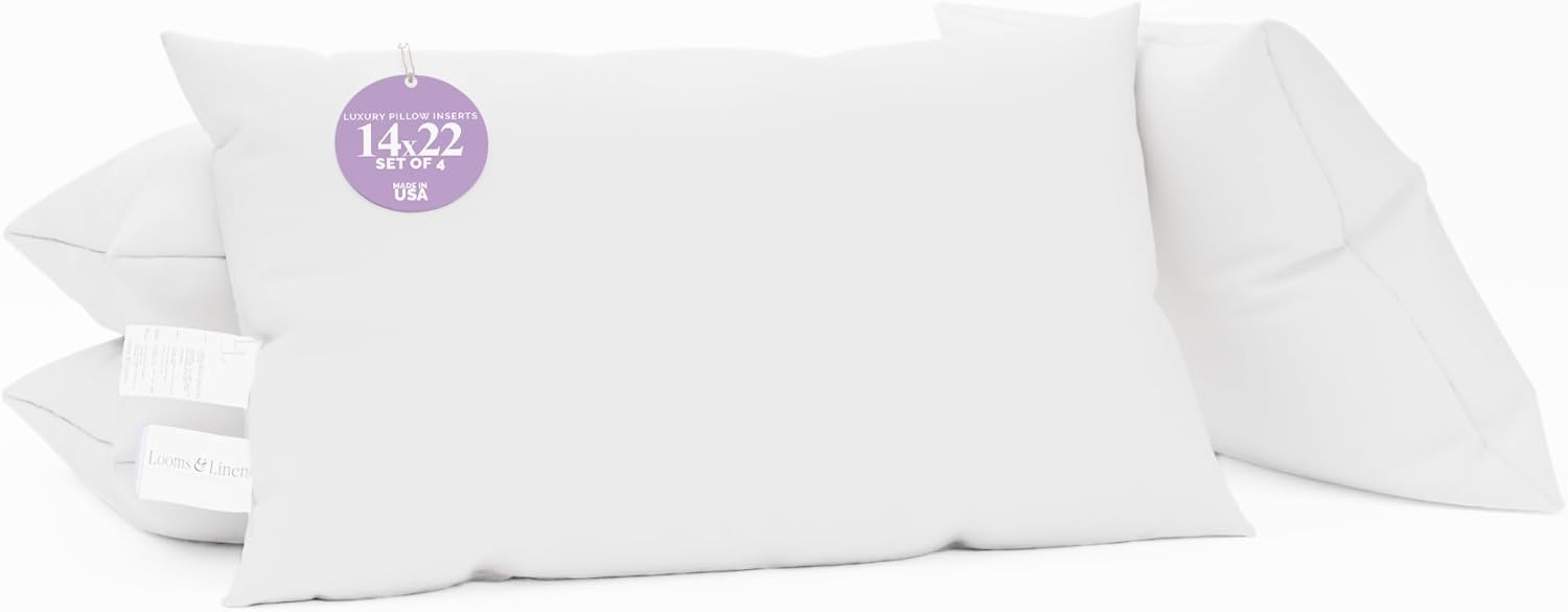 Lumbar Pillow Insert 14x22 inch Set of 4 Sham Pillow Insert with Down Alternative Filling by Looms and Linens - American Made Pillow