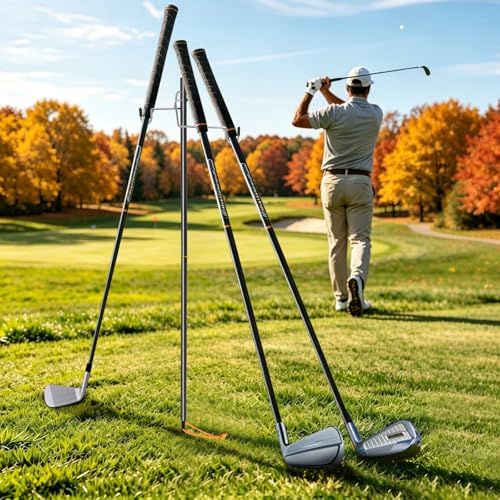 JUNNEE Portable Golf Club Stand Stainless Steel Golf Club Holder with Storage Bag Detachable 3-Section Golf Bag Accessory Keeps Clubs Off Ground for Driving Range Practice