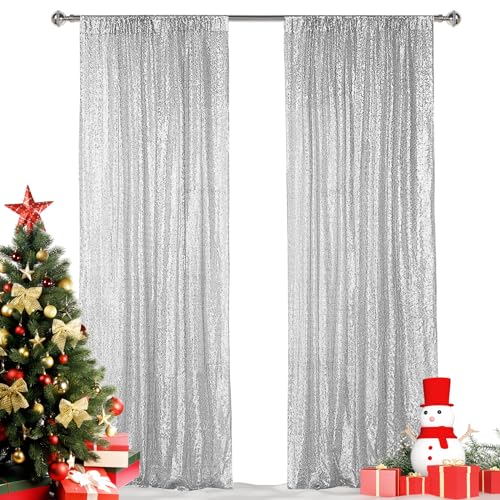 Hahuho Silver Sequin Backdrop Curtain 2PCS 2FTx8FT Glitter Backdrop Curtain for Parties Christmas Wedding Party Decoration2 Panels 2FT x 8FT Silver
