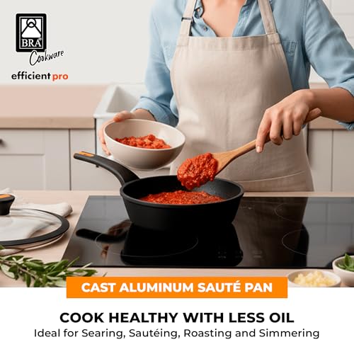 Image of BRA COOKWARE Efficient Pro Nonstick Saute Pan w /Lid | 9.5 Inch - 3.2 Quart Cast Aluminum Deep Skillet | 3-Layer Scratch Resistant Coating | PFOA Free | All Cooktops Skillet | Heat-Resistant Handle