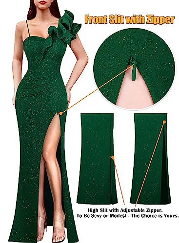 Image of VFSHOW Womens Ruffle One Shoulder Strap Ruched Formal Prom Wedding Maxi Dress V Neck Elegant Split Cocktail Evening Long Gown