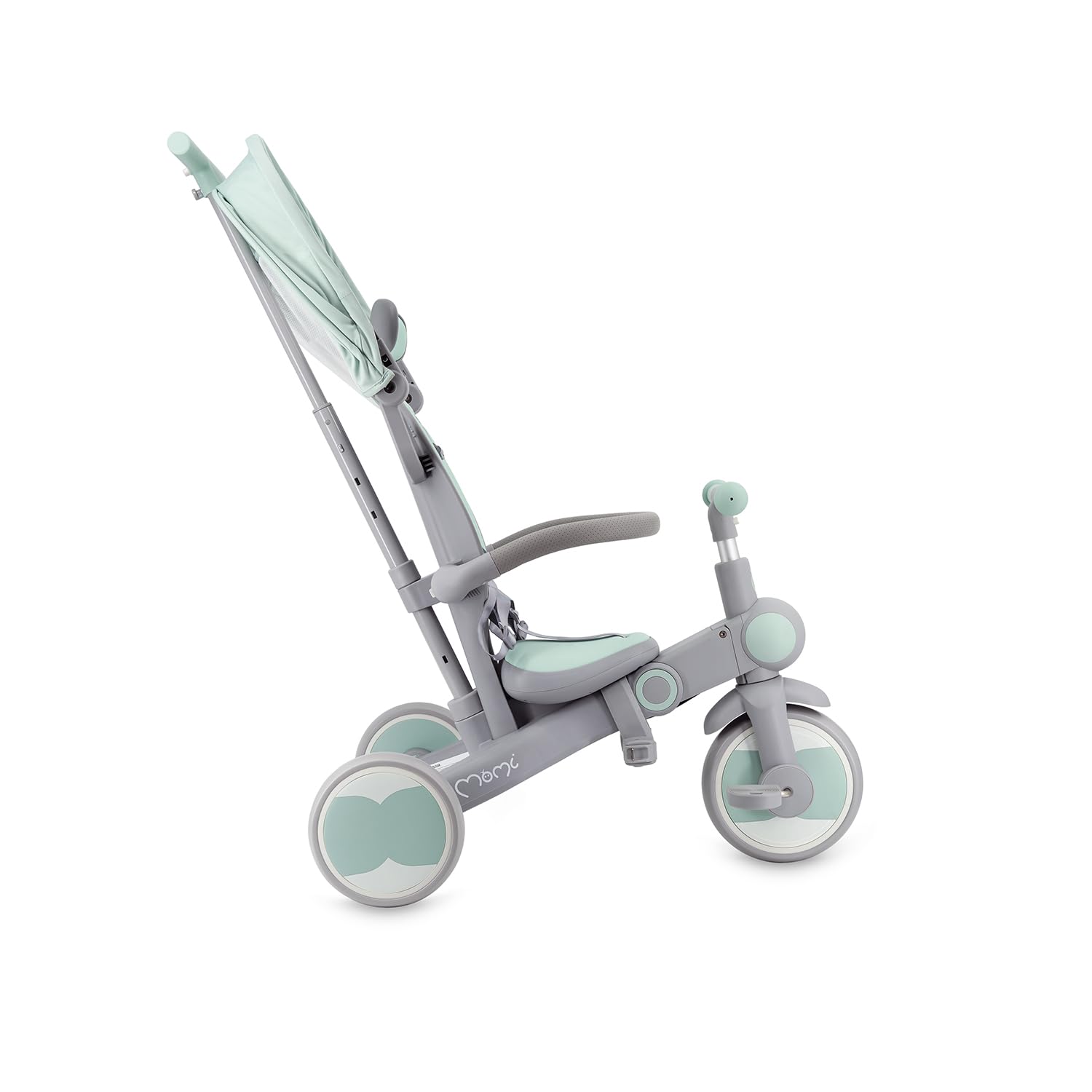 Triciclo per bambini MoMi 4in1 SOLIVIA con manubrio telescopico, cinture di sicurezza a 5 punti, per bambini a partire da 12 mesi, con capottina parasole, ruote in PU, borsa e portabicchiere