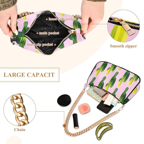 Zipper Shoulder Handbag Aesthetic Bright Green Cactus Pastel Pink Tote Handbag Colorful Womens Hobo Totes Purse Bags with Chain Strap4