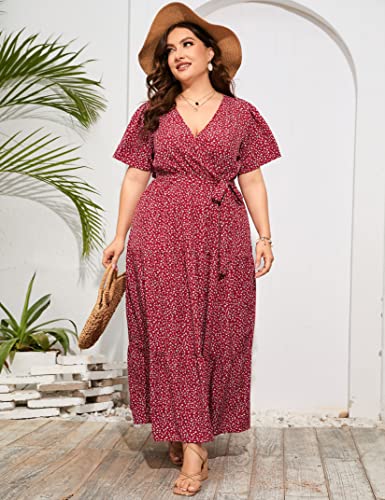 Image of ShopWonder Womens Plus Size V Neck Wrap Maxi Dress High Waist Ruffle Summer Casual Dress with Belt