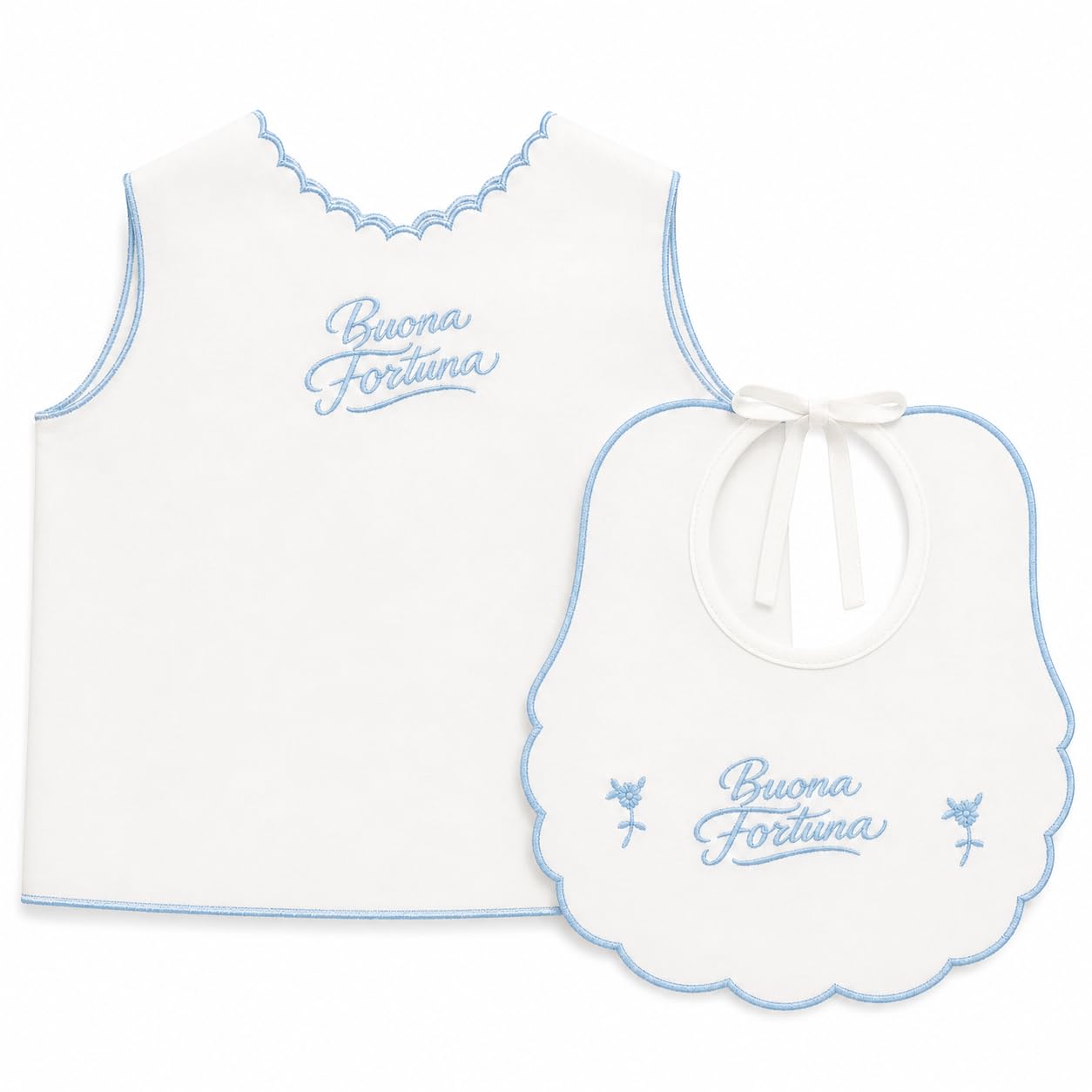 Kit Buona Fortuna Neonato Made in Italy 2 Pezzi, Camicina della Fortuna e Bavaglino 100% Cotone Percalle, Ricamo Elegante, Idea Regalo Corredino Nascita Se Camicino e Bavetta