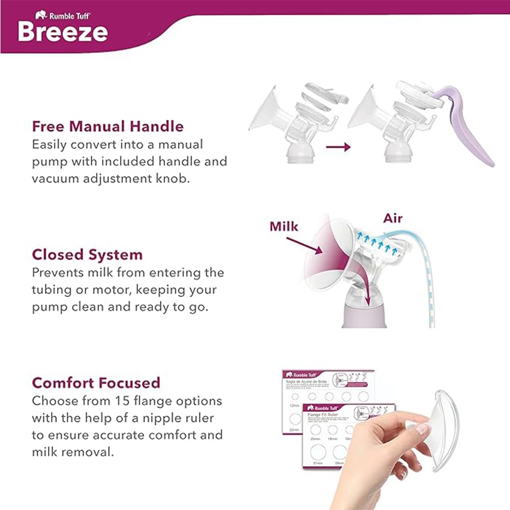 Rumble Tuff Breeze with Peak Enhanced Waveform Technology | Sistema chiuso | Tiralatte elettrico | Pulsante di memoria intelligente | Supporto per pompaggio virtuale con consulente per l'allattamento