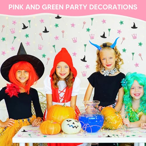 Image of 200 Pcs Pink and Green Glitter Confetti, Wicked Witch Themed Table Scatter, Magic Broom Wand Hat Crown Star Shapes for Princess Girls Birthday Baby Shower Party Supplies