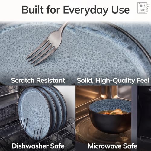 Image of 24 Piece Stoneware Dinnerware Set for 8, Handmade Plates and Bowls Set | Reactive Glaze Coating, Dishwasher & Microwave Safe Dish Set, Chip & Scratch Resistant Dishware Set, Ibiza Smoke Blue