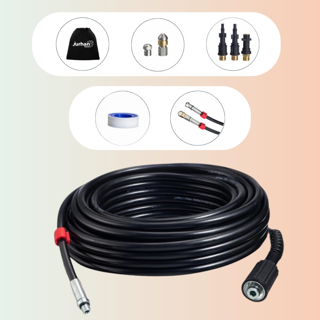 Kit de nettoyage de canalisations (15 m) – Kit avec 3 adaptateurs – Tuyau de nettoyage de canalisations haut pression de haute qualité