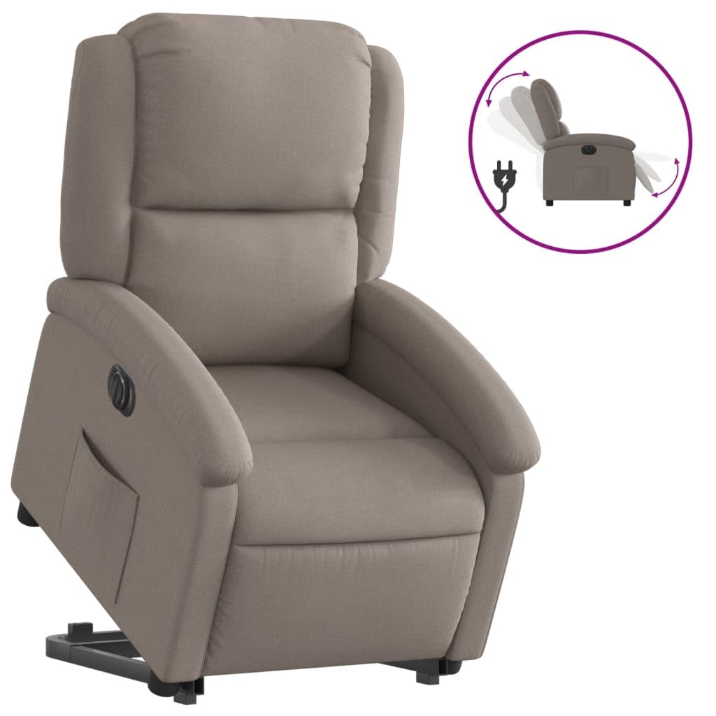 Sillón elevador eléctrico reclinable de tela color pardo con motor para elevación e inclinación automática, respaldo ajustable y reposapiés, estructura estable