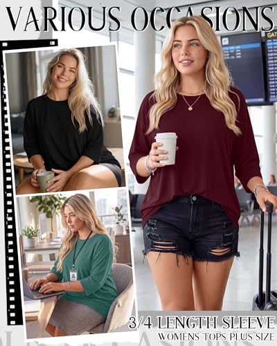 Image of Locoowai 3 Pack Women Plus Size Tops 3 /4 Sleeve Cotton Crew Neck Oversized T Shirts Loose Fit Tee Tunic Casual Blouse