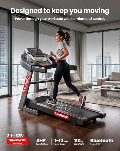 Image of Sparnod Fitness STH-1200 Motorized Treadmill for Home Use, 4 HP Peak DC Motor, Bluetooth,12 km /hr Speed, 110 kg Max User Weight, 12 Preset Workouts, Manual Incline, Hi-Fi Speaker, Safety Key