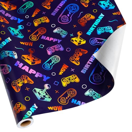 BIOBROWN Gaming Wrapping Paper for Boys Girls - 17 Inch X 33 Ft - Laser Video Game Design Gift Wrap Paper for Kids Birthday Game Party Favor Game Lover Holiday