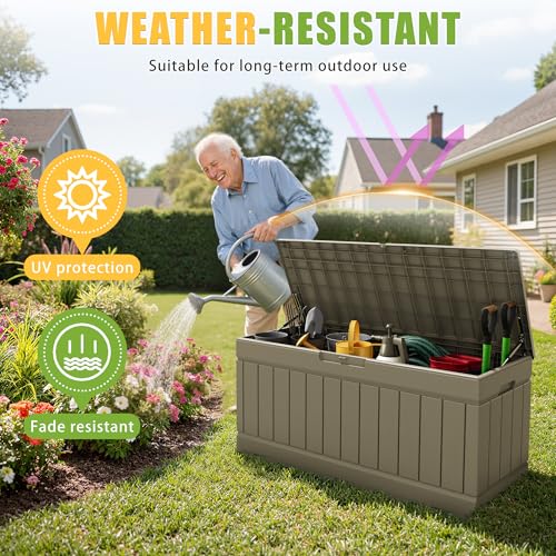 Image of Greesum Outdoor Storage Box 82 Gallon Storage Bin with Lid for Patio Furniture, Garden Tools, Pool Supplies, Waterproof and UV Resistant, Lockable, Coffee