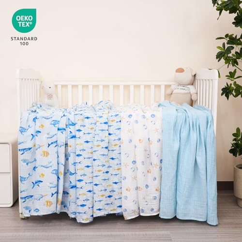 Image of david's kids 4 Pack Baby Muslin Swaddle Blankets, 100% Cotton and Ultra Soft Breathable Receiving Blanket Wrap for Boys Girls, New Born Essentials, Large 47 x 47 inches, Whale