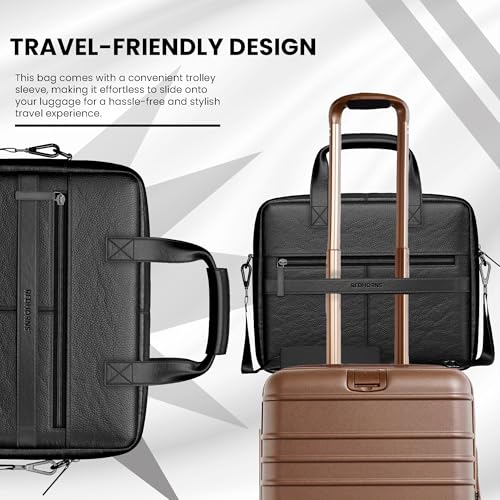 Image of REDHORNS Genuine Leather Office Bag for Men & Women | 15.6-Inch Laptop Messenger Bag | Business Bag with Handle, Padded Laptop Compartment, Adjustable Sling Strap, Zipper Closure - Black