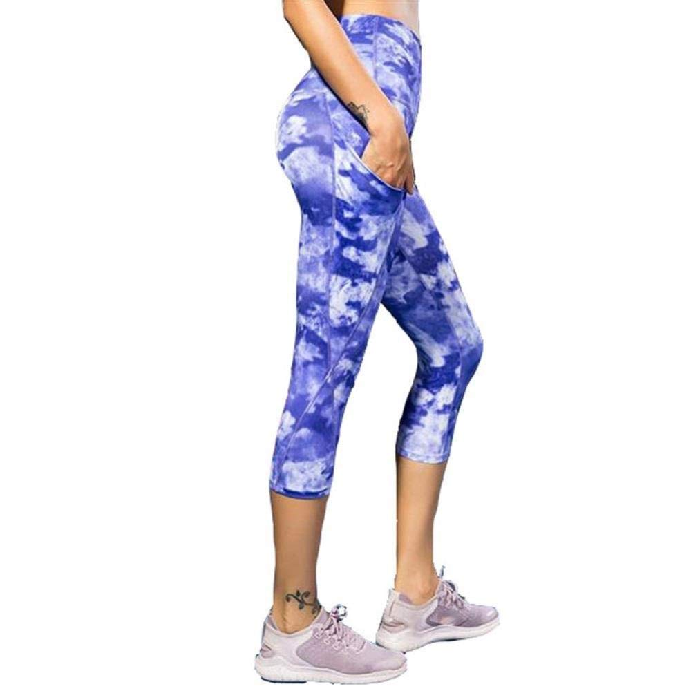 Yogahosen Damen, Frauen Print High Waist Dance Cropped Pants Schräge Tasche Fitness Laufen Yoga Ultra Stretch Atmungsaktivität Soft Sports Quick Dry Strumpfhose,Ink Blue-L