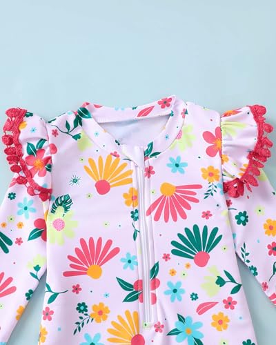 Image of Toddler Girl Swimsuit Baby Girl Bathing Suit Long Sleeve Floral Zipper One-Piece Rash Guard Swimsuit with Hat
