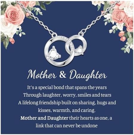 Dainty Interlocking Circle Necklace for Women - 14k Gold Plated Double Circles Heart Cubic Zirconia Pendant Chain Necklace, Christmas Birthday Jewelry Gift for Mother Daughter Sister