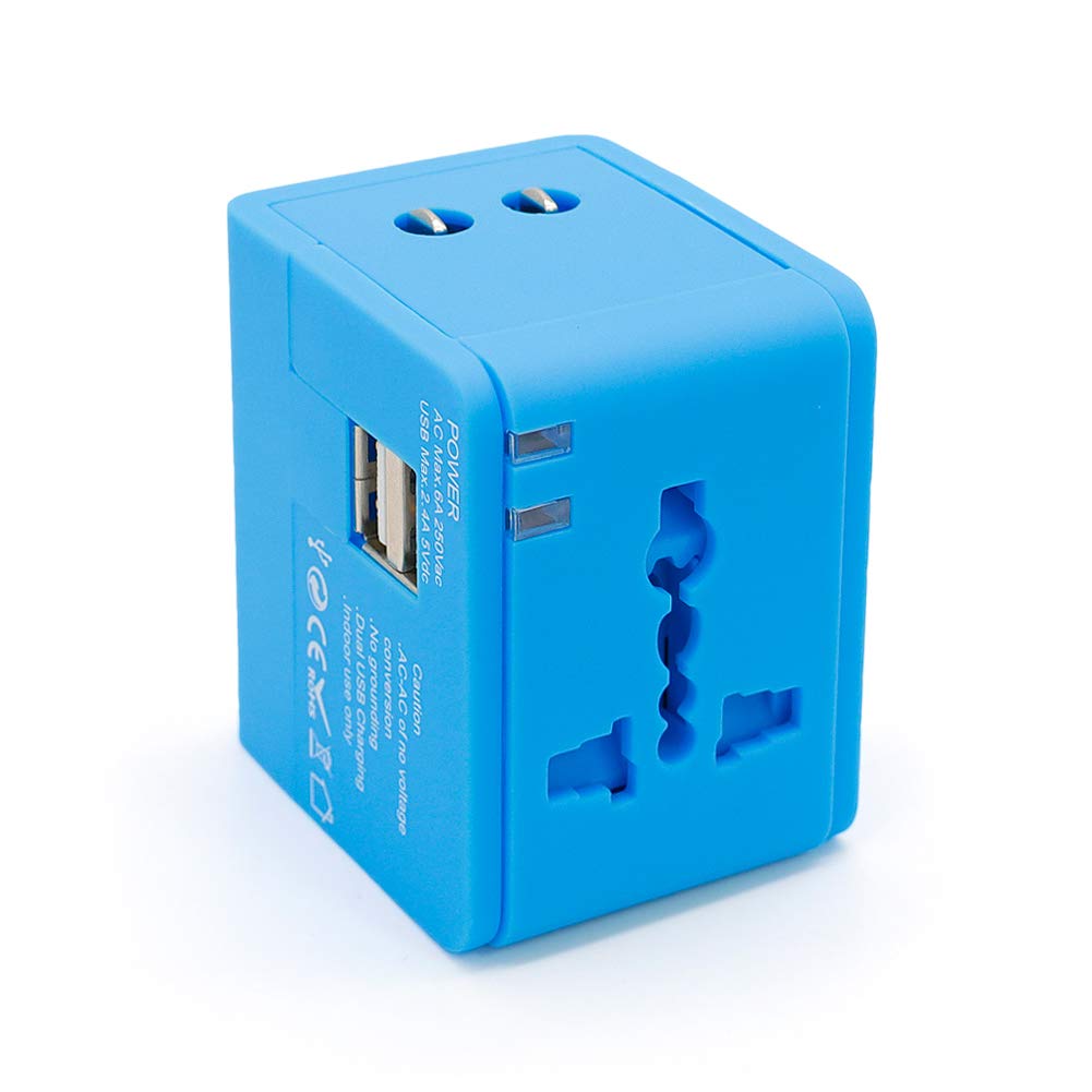 Universal Adapter Travel Plug with 2 USB Ports, International Charger All in One Type Plug, Blue 1 Pack by SYCON