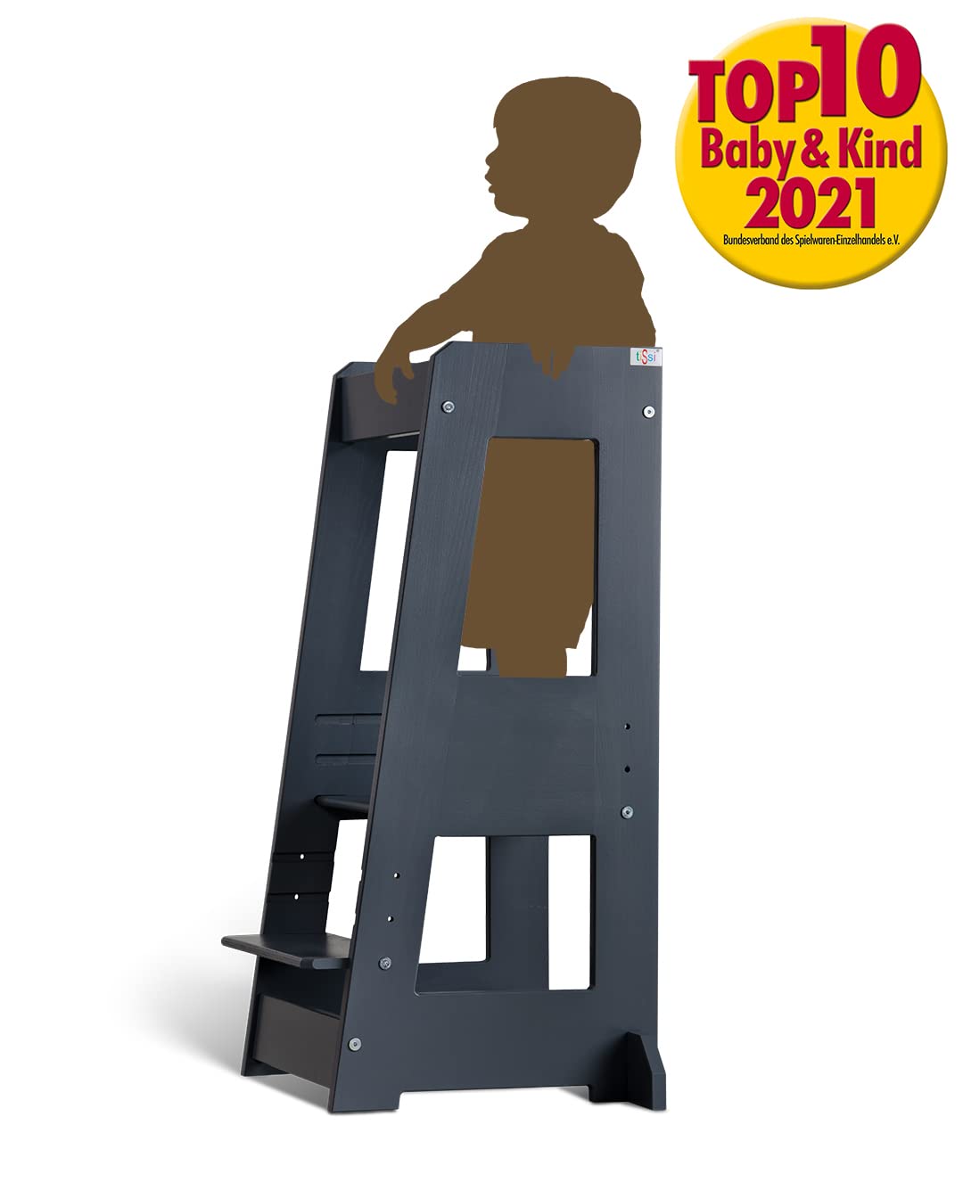 tiSsi® Lernturm Felix – Montessori Lernturm für Kinder, mitwachsend & höhenverstellbar, Entdeckerturm aus Buche, grau