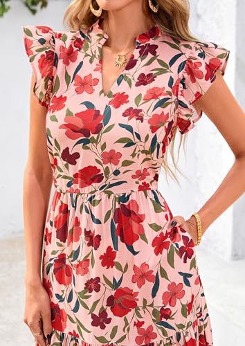 Image of PRETTYGARDEN Women's 2026 Summer Floral Midi Dress Cap Sleeve V Neck Ruffle Long Flowy Boho Casual Beach Vacation Dresses