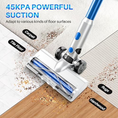 Cordless Vacuum Cleaner - Rechargeable, 45Kpa Powerful Suction Stick Vacuum Cleaners for Home, 8-in-1 Lightweight Vacuum Cleaner with High-Speed Brushless Motor for Hardwood Floors/Carpets, Blue
