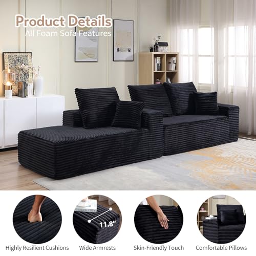 Image of 107 inch W Modular Sectional Sofa, Upholstered Corduroy Cloud Couch with Deep Seat, Modern 3-Seater L-Shaped Sofa for Living Room, No Assembly Required (Black, Left-Facing Chaise)