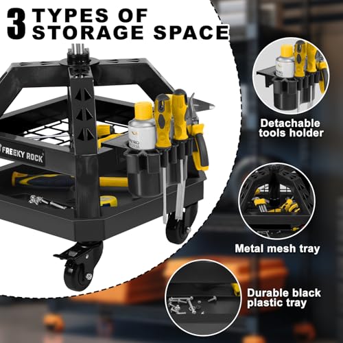 Image of Rolling Shop Stool with Wheels, Heavy Duty Garage Work Mechanic Stool with Backrest, Adjustable Height 360Swivel Rolling Chair with Tool Tray Storage, 330 LBS Capacity, Black