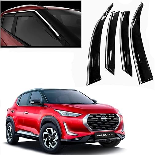 Car Rain Wind Door Visor Side Window Deflector with Chrome Line Magnite All Models - Black Color (Pack of 4)-image-15
