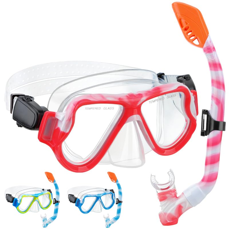 CTSAYTL Snorkeling Gear for Kids, 4 in 1 Child Mask Fins Snorkel Set with Panoramic View Anti Fog Mask, Dry Top Snorkel, Trek Fins and Travel Bag,