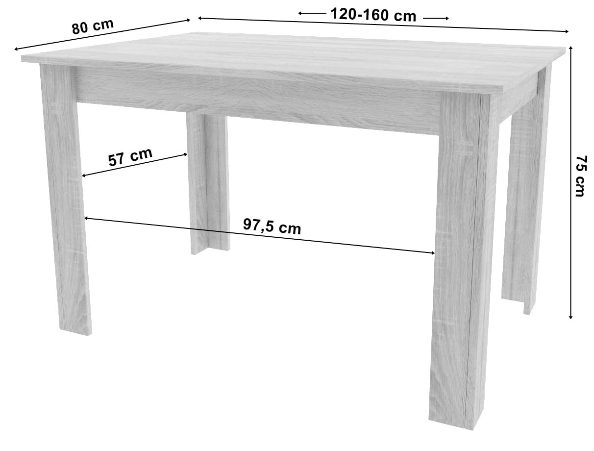 Mesa de comedor rectangular extensible de 120 a 160 x 80 cm con tapa de inserción, estructura negra, aspecto madera, para cocina, comedor y sala de estar, roble artesanal