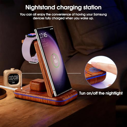 Image of Wireless Charging Station for Samsung /Android, Fast Wireless Watch Charger Station Compatible for Samsung Galaxy S26 Ultra /S25 /S24+ /Z Flip 7 /6 Fold 7 /6, Watch8 /7 /Pro /Active 2 Galaxy Buds3 /2 Pro(Wood)