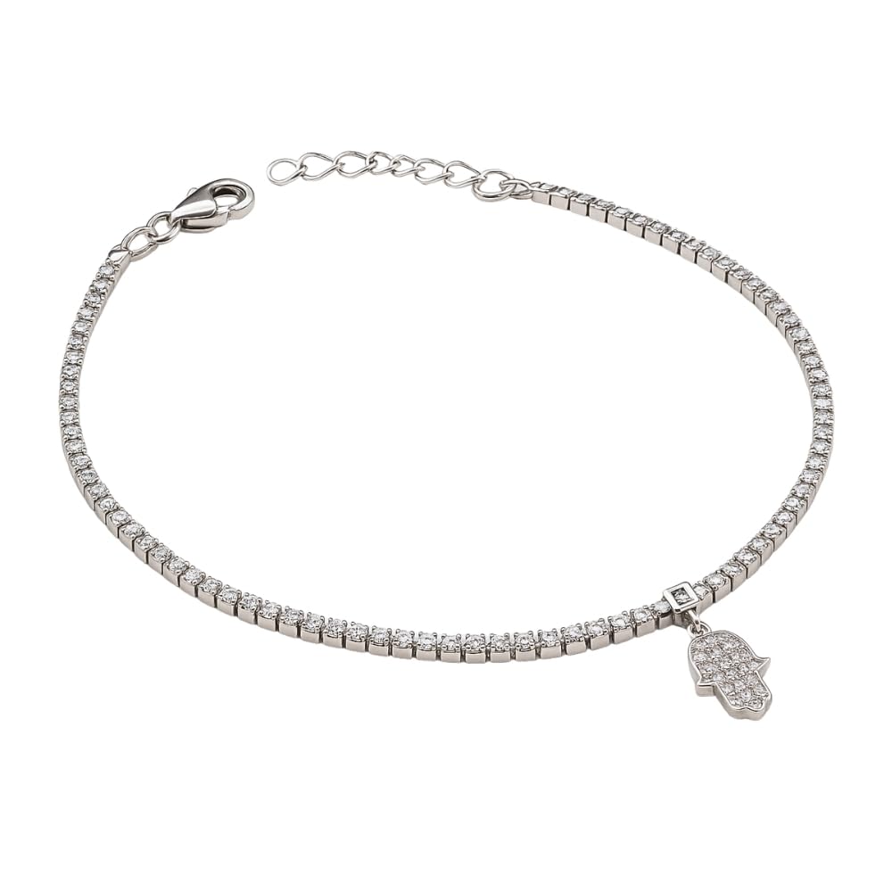 Hamsa Hand of Fatima - Braccialetto da tennis in argento Sterling 925 con zirconia cubica, da donna, regolabile, 25,4 cm