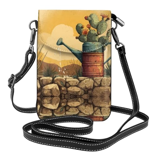 Sac téléphone portable en cuir imprimé cactus pour la marche et le camping