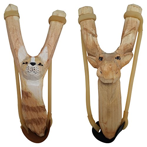NatureLaunchers 2 Pack - Nature LAUNCHERS - Hand-Carved Wooden Slingshot Lynx and Moose