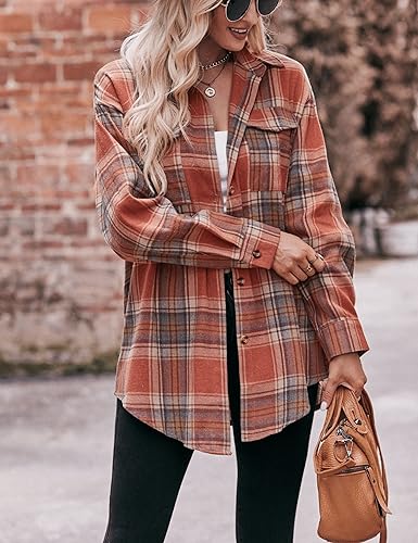 Womens Oversized Flannel Plaid Shirts Casual Button Down Blouse Tops with Pockets4