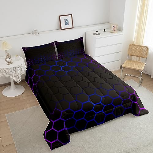Image of Purple Blue Ombre Hexagon Comforter Set Full Size, Geometrics Honeycomb Bedding Set for Boys Girls Hexagonal Geometrical Blue Black Comforter Abstract Duvet Set Microfiber Bed Set