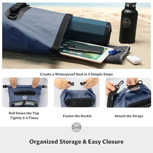 Image of STOVER 5 /10 /25 /30 /40L Waterproof Dry Bag & Phone Case - Large Floating Dry Backpack for Kayaking, Travel, Hiking, Fishing, Camping, Motorcycles & Beach, Heavy-Duty Roll Top Men /Women (Navy Blue)