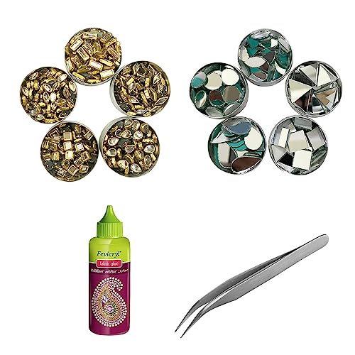 Image of Embroiderymaterial Combo Of Kundan Stone Beads, Craft Mirrors, Tweezers & Fabric Glue For Lippan Art, Jewellery Making, Craft, Embroidery, Embellishment, Toran Making, Aari Work, Bangles Making, Multi